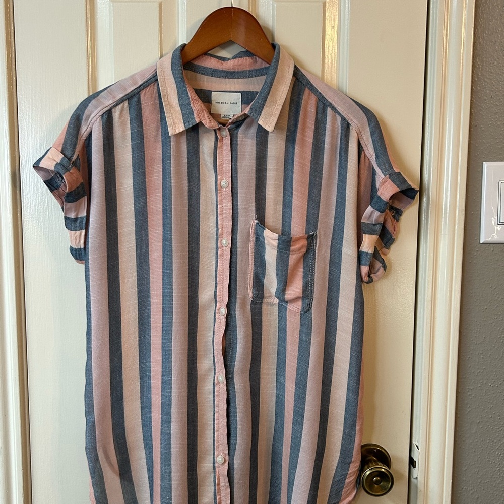 American Eagle Outfitters Blue and Pink Striped Shirt